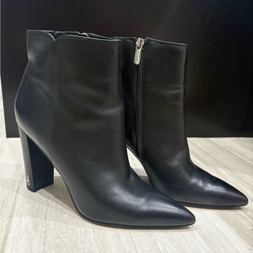 EUC Sam Edelman “Raelle” Black Real Leather Pointed Toe Heeled Booties